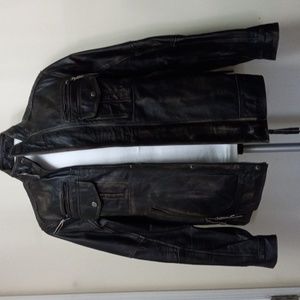 ABBRACI Leather Jacket/Coat Distressed Brown Sz M Lined Full Zip Snaps Pockets